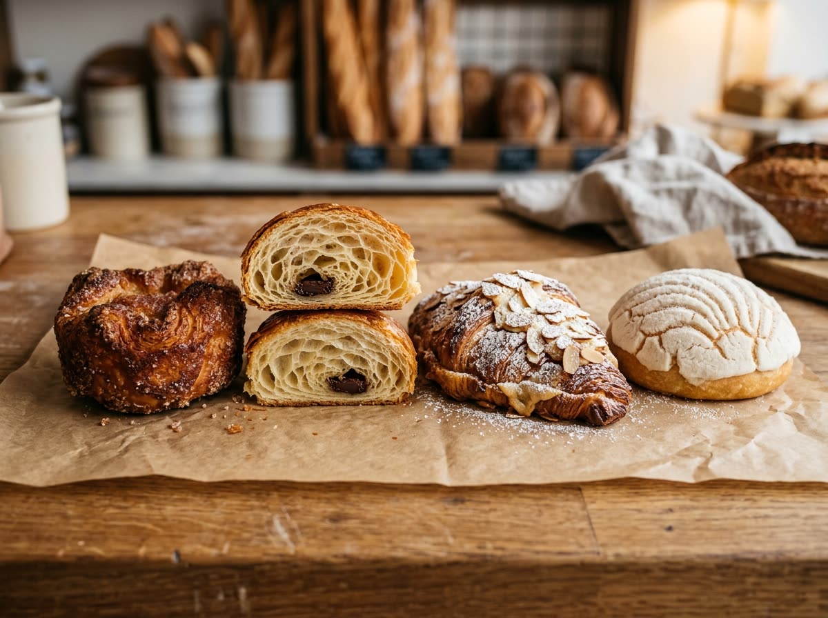 Kouign-amann, croissant de almendras y pain au chocolat